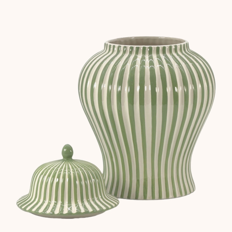 Ginger Jar: Sage Green Stripes, Candy Striped Pattern, Lidded Vessel