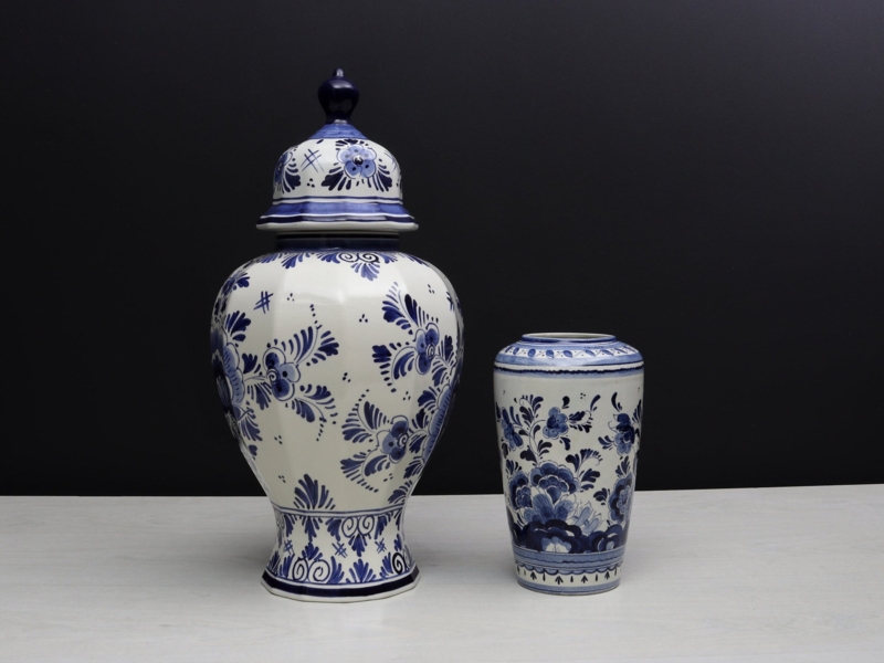 Ginger Jar Set: Delft Style Cobalt Blue Floral with Glossy Glaze