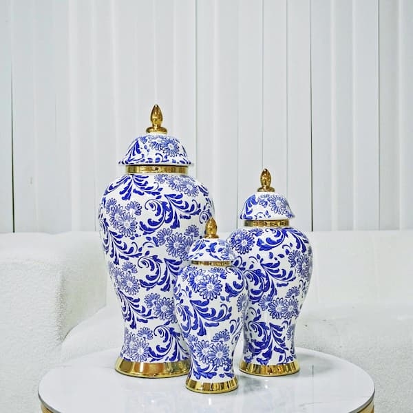 Ginger Jar Set of Three: Blue and White Chinoiserie Ceramic Decor.