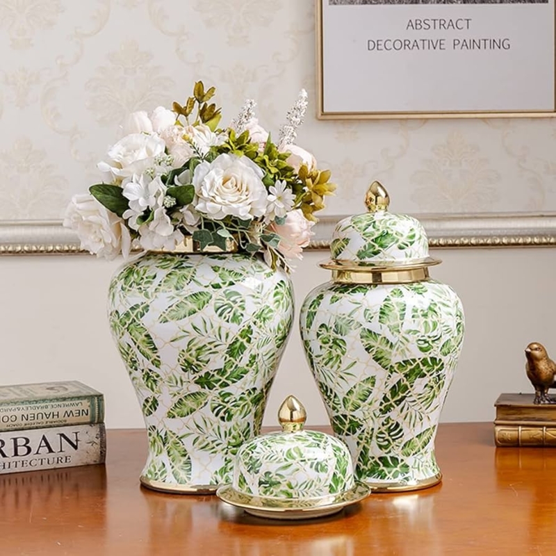Ginger Jar Set: Tropical Leaf Pattern Ceramic with Gold Finials