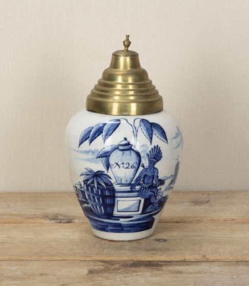 Ginger Jar Stepped Brass Lid Antique Blue and White Ceramic