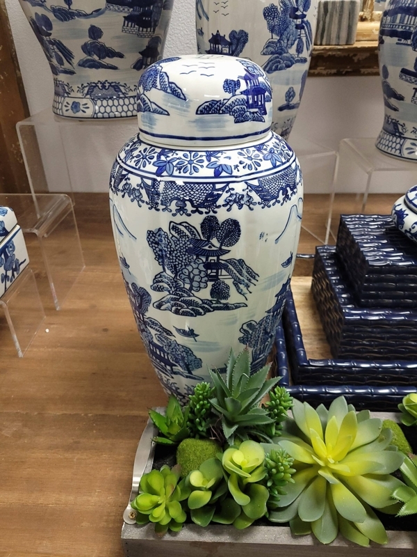 Ginger Jar Temple Landscape Pattern Blue and White Chinoiserie