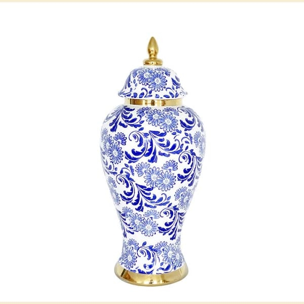 Ginger Jar: Traditional Blue and White Floral Ceramic with Gold Finial.