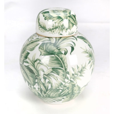 Ginger Jar Tropical Leaf Pattern Glossy Porcelain Coastal Decor