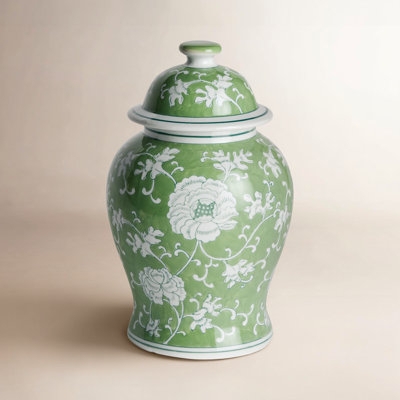 Ginger Jar, Vibrant Green Floral Vine Chinoiserie Mantle Decor