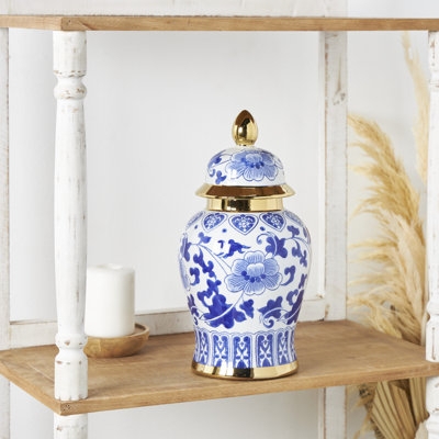 Ginger Jar with Gold Trim, Blue and White Chinoiserie Pattern.