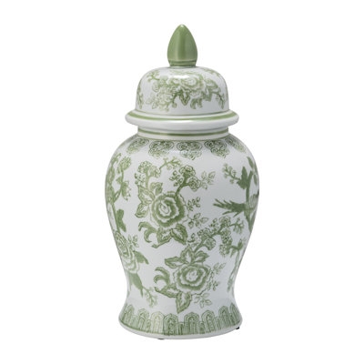 Ginger Jar with Green Floral Pattern and Pointed Finial in Chinoiserie Style