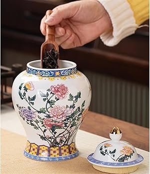 Ginger Jar with peony floral motif and gold accented lid.