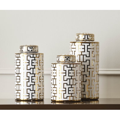 Ginger Jars Gold Fretwork Pattern Ceramic Set Lidded Glam Decor