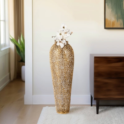 Glam Floor Vase Gold Metal Cutout Design Tall Filigree Decorative Vase