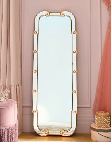 Glam Gold Floor Mirror Decorative Medallions Rounded Corners Bedroom