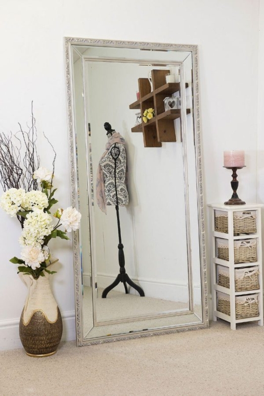 Glam Silver Beveled Floor Mirror Mirrored Frame Contemporary Bedroom