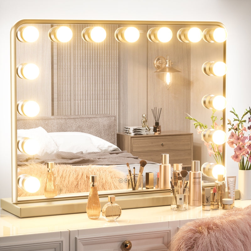 Glam Vanity Mirror with Fifteen LED Bulbs and Gold Frame, Tabletop