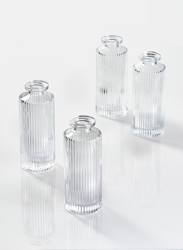 Glass Bud Vase Set of 4 Clear Cylindrical Pleated Surface Texture