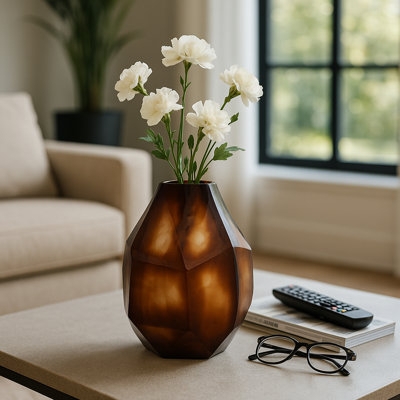 Glass Like Decorative Vase Faceted Amber Brown Mid Century Modern Warm