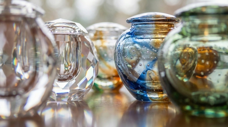 Glass Urns: Bubble Texture, Hand Blown Swirls, Faceted Crystal.