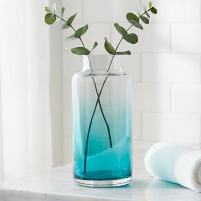 Glass Vase Hand Blown Teal Ombre Effect Cylindrical Coastal Style