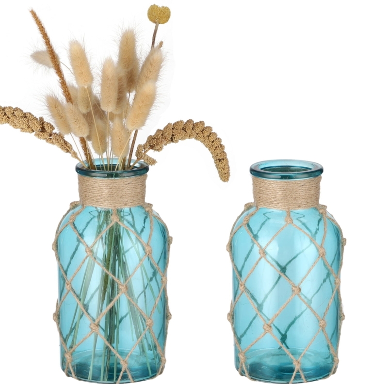 Glass Vase Hemp Rope Netting Light Blue Translucent Coastal Decor