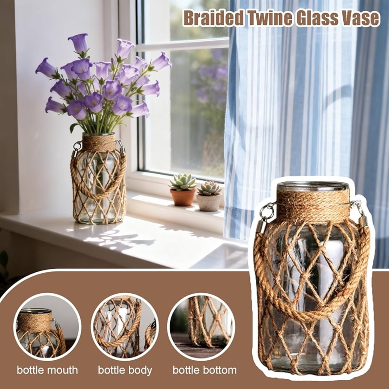 Glass Vase Macrame Wrap Rope Handle Rustic Macrame Glass Vase
