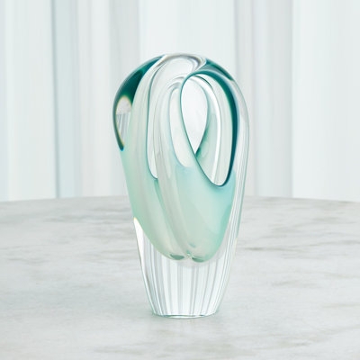 Glass Vase, Pierced Form, Internal Aquamarine Swirl, Ribbed Base Glass.