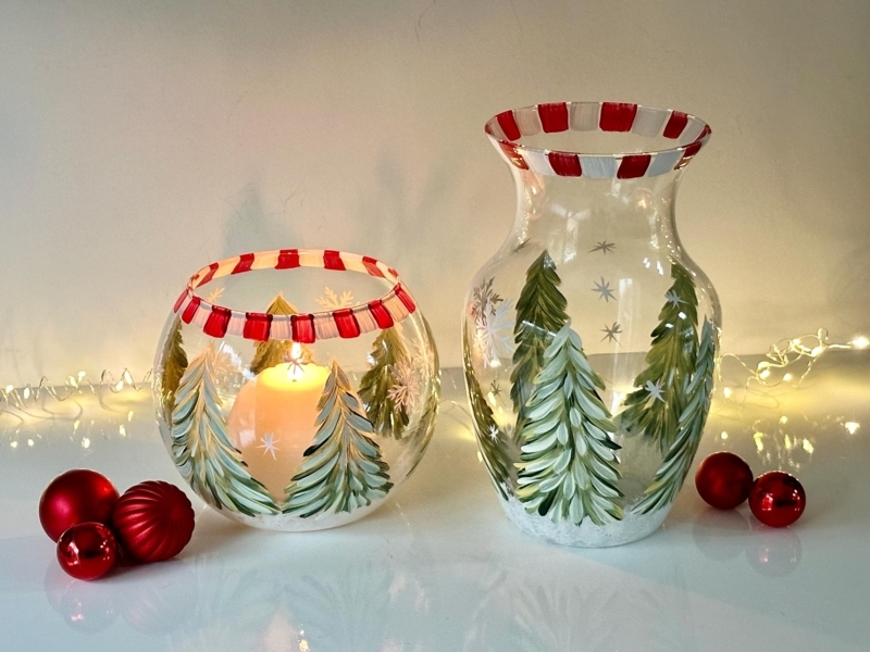 Glass Vase Set Candy Cane Rim Hand Painted Holiday Vases