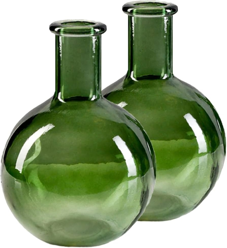 Glass Vase Set: Translucent Green, Vintage Bottleneck Bulb Shape