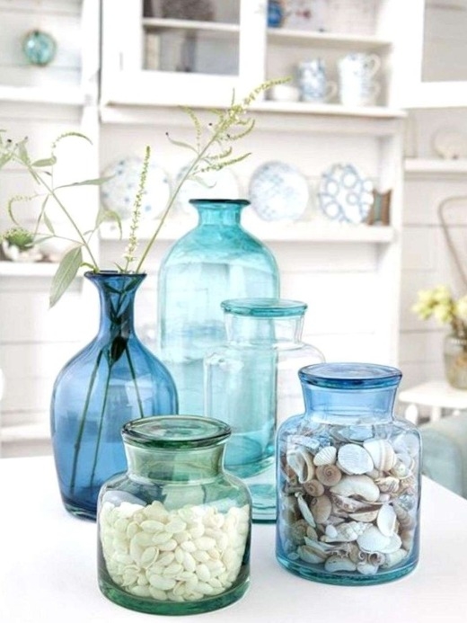 Glass Vases Sea Glass Tones Tonal Blue Collection Coastal Decor