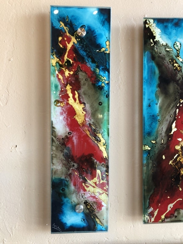 Glass Wall Art Abstract Fluid Panel Standoff Mounts Gold Leaf Blue