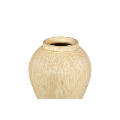 Globe Vase: Pale Yellow Washed, Vertical Ribbing, Organic modern globe urn.