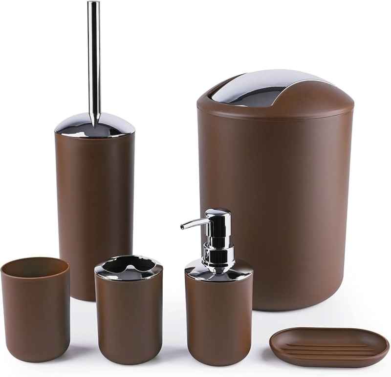 Glossy Coffee Brown Bathroom Accessory Set, Six Piece Minimalist