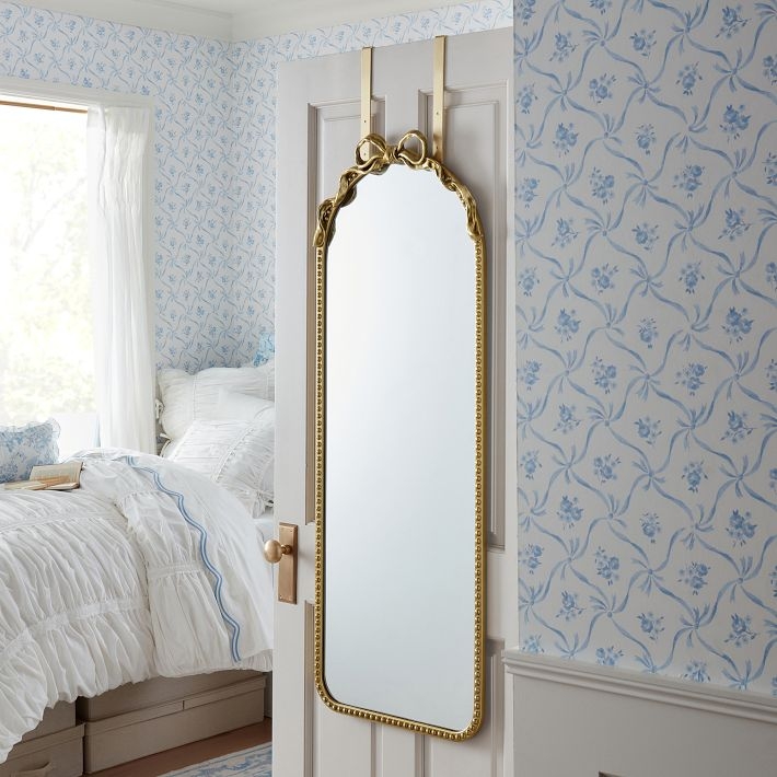 Gold Arched Over The Door Mirror Bow Crest Beaded Detail