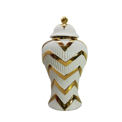 Gold Chevron Urn: Lidded Ceramic Ginger Jar. Glam style mantle accent.