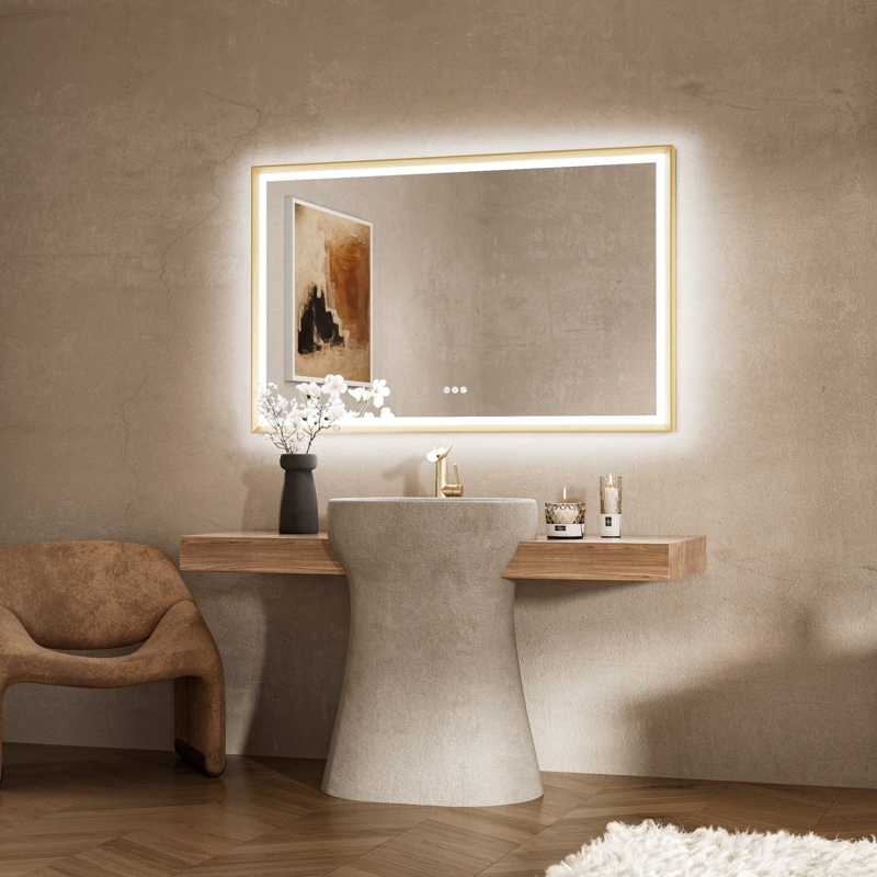 Gold-Framed Lighted Mirror Rectangular LED over Sculptural Sink