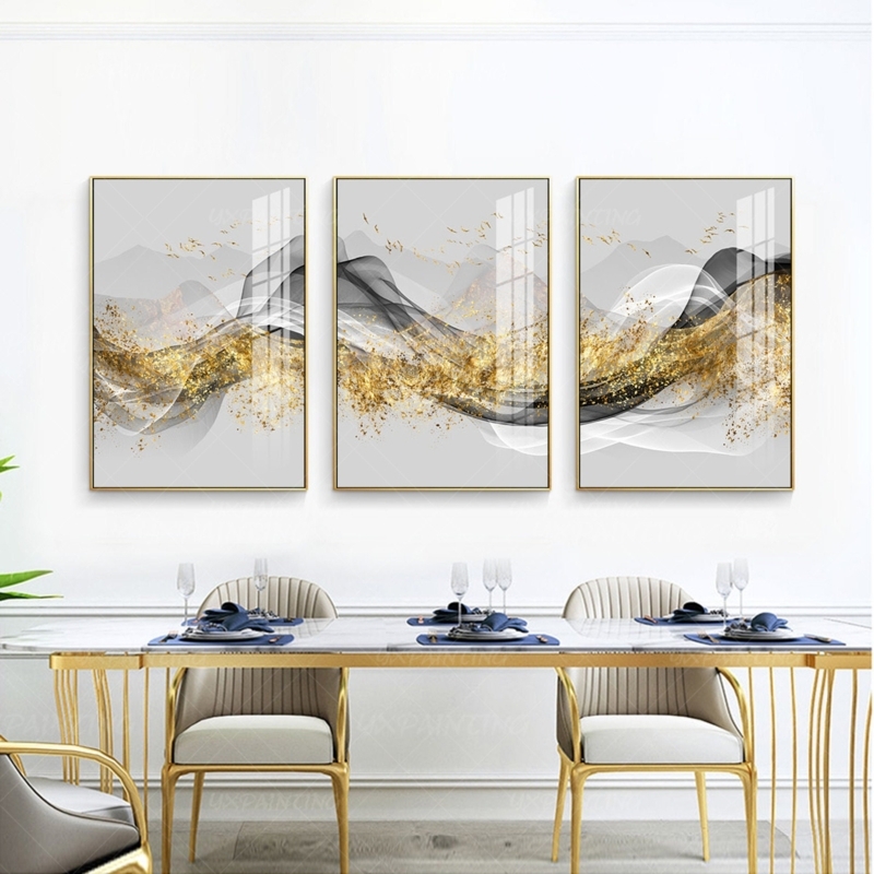 Gold Leaf Wall Art Set, Abstract Mountain Motif Triptych