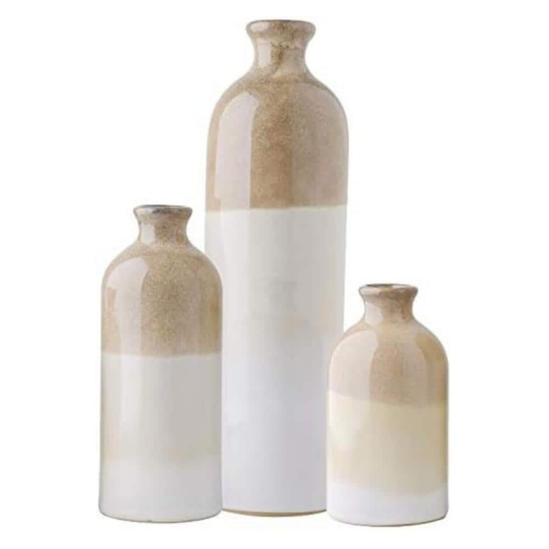 Graduated Farmhouse Vase Set in Two-Tone Beige Ceramic
