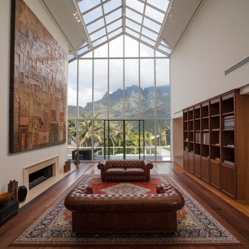 Grand Living Room with Skylights and Gabled Glass Ceiling Art