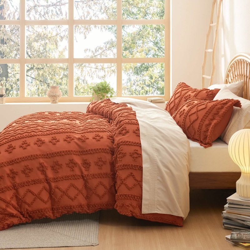 Grayish Purple Duvet Cover Set, Geometric Tufting Boho Bedding