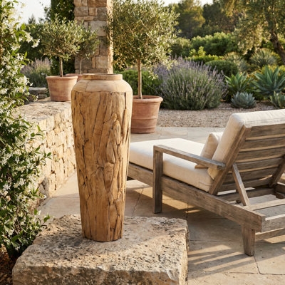 Hand-Carved Wood Floor Vase, Rustic Patio Decor