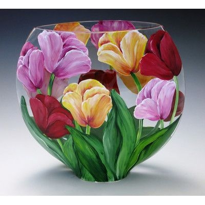 Hand Painted Floral Glass Vase Globular Tulip Motif