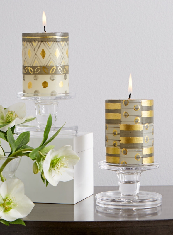 Hand-Painted Pillar Candles Gold Geometric Patterns Glass Pedestals