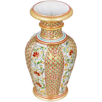 Hand Painted Table Vase with Gold Lattice and Floral Motifs.