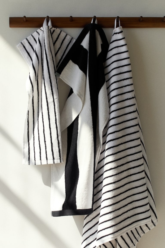 Hand Towel, Cream Vertical Stripes with Waffle Weave Texture.