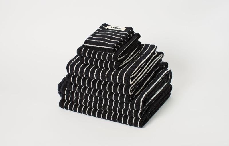 Hand Towel, Off-White Woven with Thin Pinstripes and Fringe.
