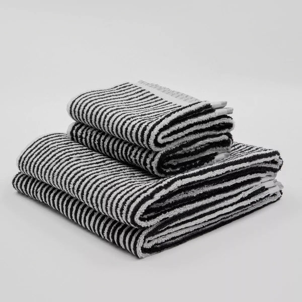 Hand Towel with Hemmed Edge and Bold Terry Back Stripes.