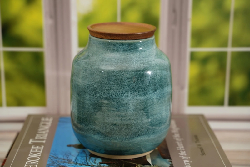 Handmade Ceramic Urn Jar, Flat Wood Lid & Teal Glaze