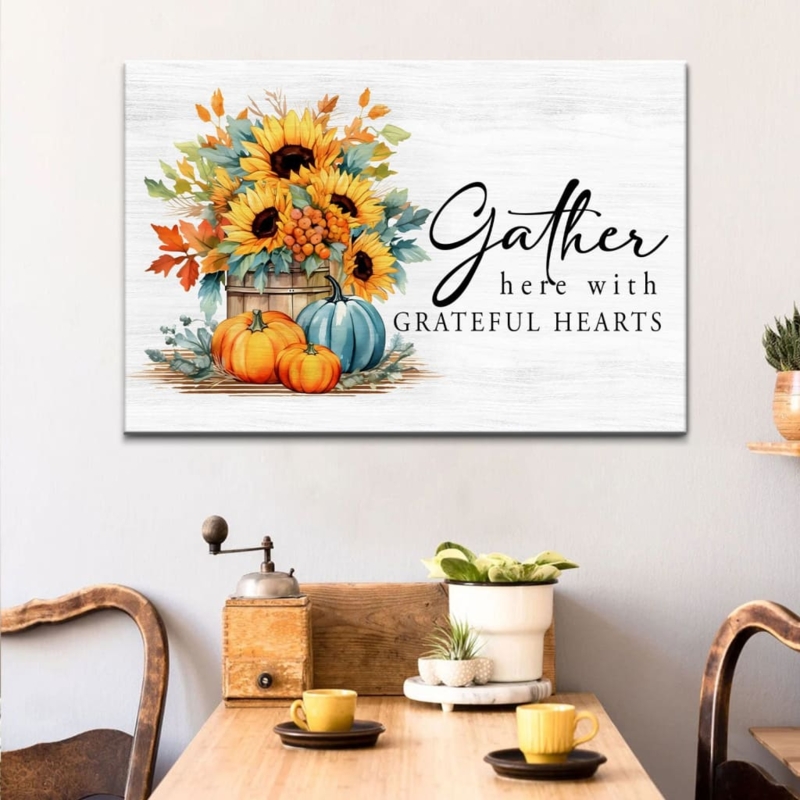 Harvest Canvas Wall Art with Sunflowers and Blue Pumpkin Accent