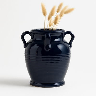High-Gloss Navy Blue Table Vase, Three-Handle Design