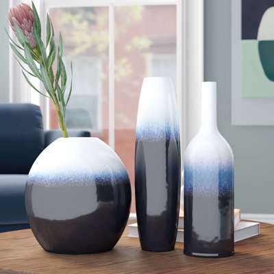 High Gloss Vase Set Trio Navy White Coastal Tabletop Decor