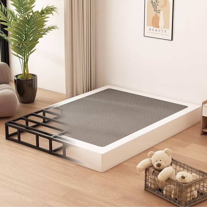 High Profile Box Spring, White Fabric Cover, Sturdy Metal Grid Base.