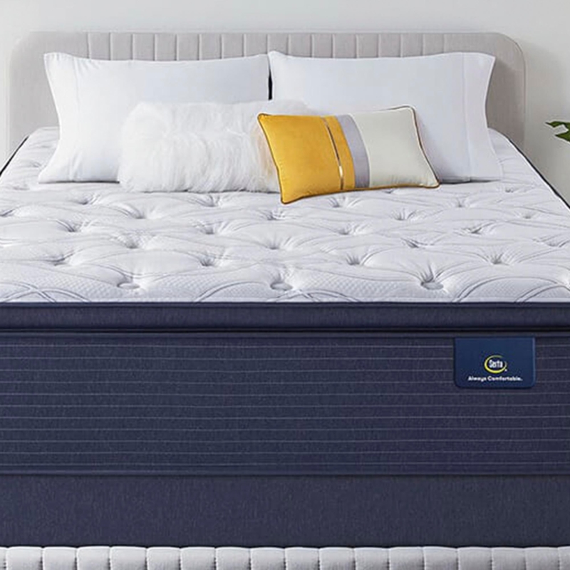 High-Profile Plush Mattress, Navy Blue Border, Quilted Circular Tufting.